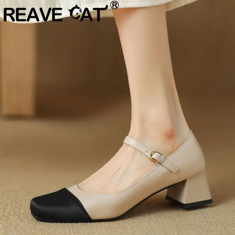 

REAVE CAT Spring Women Pumps 33 Square Toe Chunky Heels 4.5cm Buckle Straps Mixed Color Big Size 42 43 Office Lady Elegant Shoes