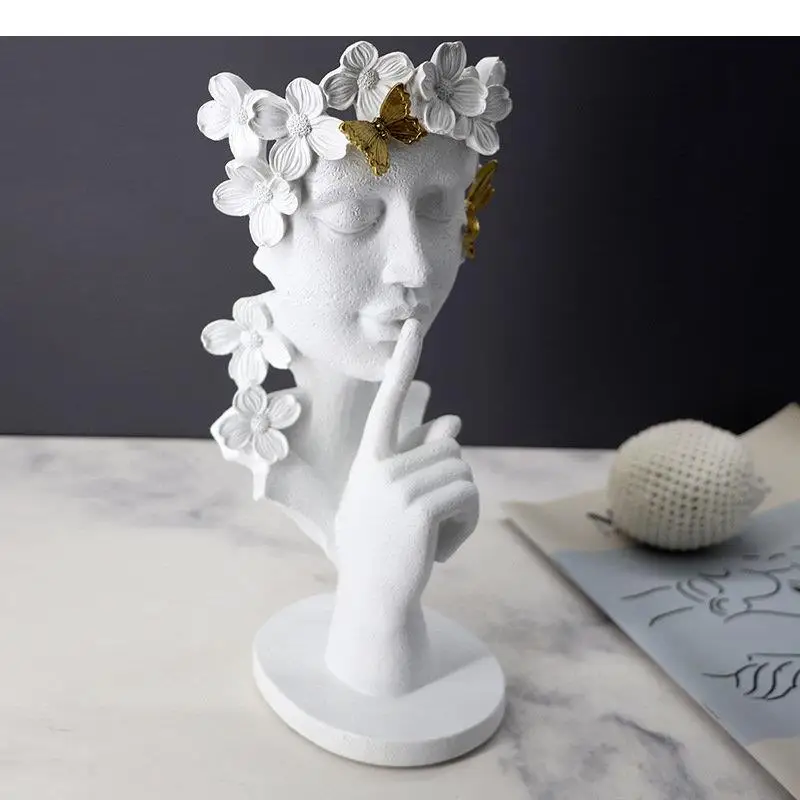 

Gold Plated Flower Human Head Sculpture Silence Is Gold Figure Statue Desk Decoration Character Ornaments Abstract Crafts