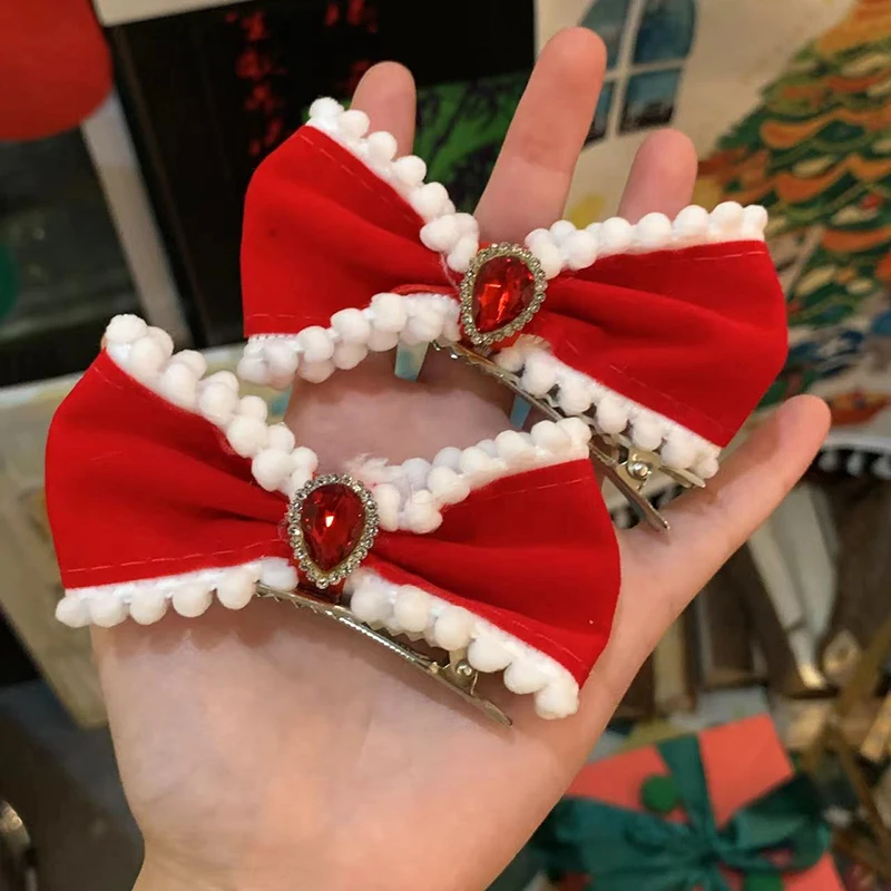 

Vintage Red Velvet Rhinestone Bowknot Hairpin Sweet Bow Barrette Side Hair Clip For Girls Cute Hair Accessories Christmas Gifts