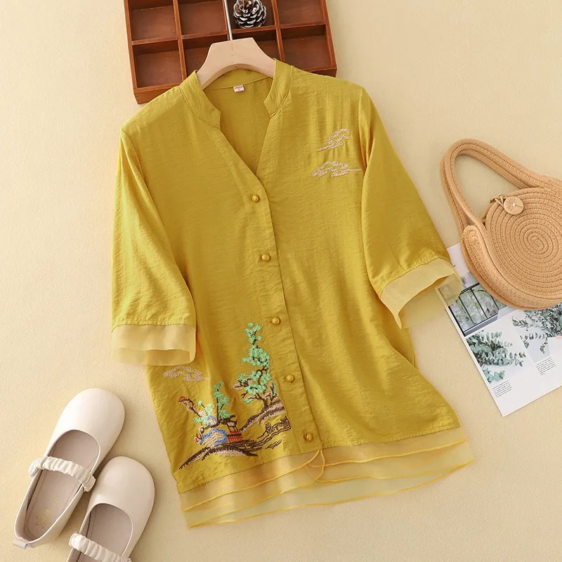 Женский топ с V-образным вырезом, элегантный свободный хлопково-льняной Тонкий Топ в стиле ретро с вышивкой, на пуговицах, лето
Женский топ с V-образным вырезом, элегантный свободный хлопково-льняной Тонкий Топ в стиле ретро с вышивкой, на пуговицах, лето