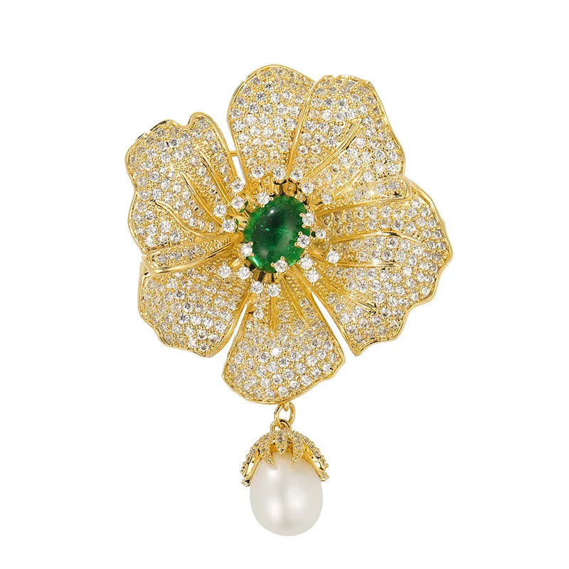 

Heavy Premium Camellia Brooch Green Chalcedony Natural Freshwater Pearl Jewel Accessory Copper Inlaid Zircon Corsage Gift Pin