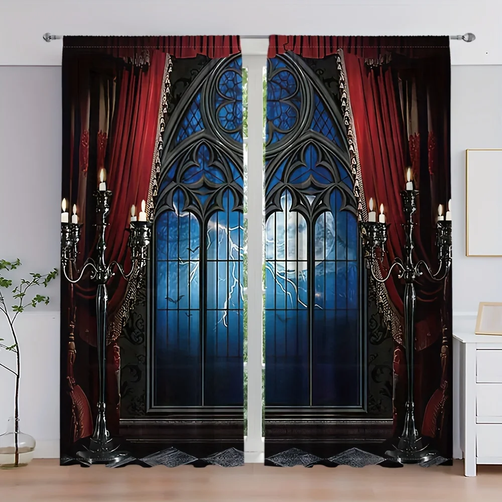 

2pcs, Red Curtain Night Gothic Castle Rod Pocket Digital Printed Curtains, Polyester Material, Suitable For Living Room, Kitchen