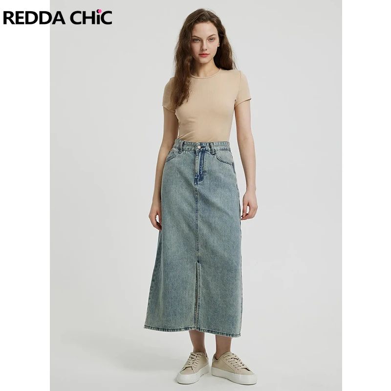 

REDDACHiC Casual Plain Blue Jeans Long Skirt Women's Denim Maxi Skirt with Slit Open Leg High Waist A-line 90s Vintage Clothes