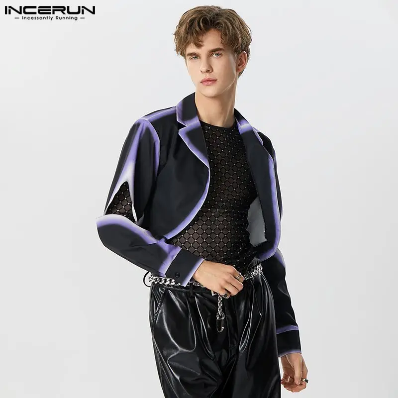 

American Style Men's Curved Hem Edging Design Suit Jackets Casual Contrasting Color Print Cropped Blazer S-5XL INCERUN Tops 2023