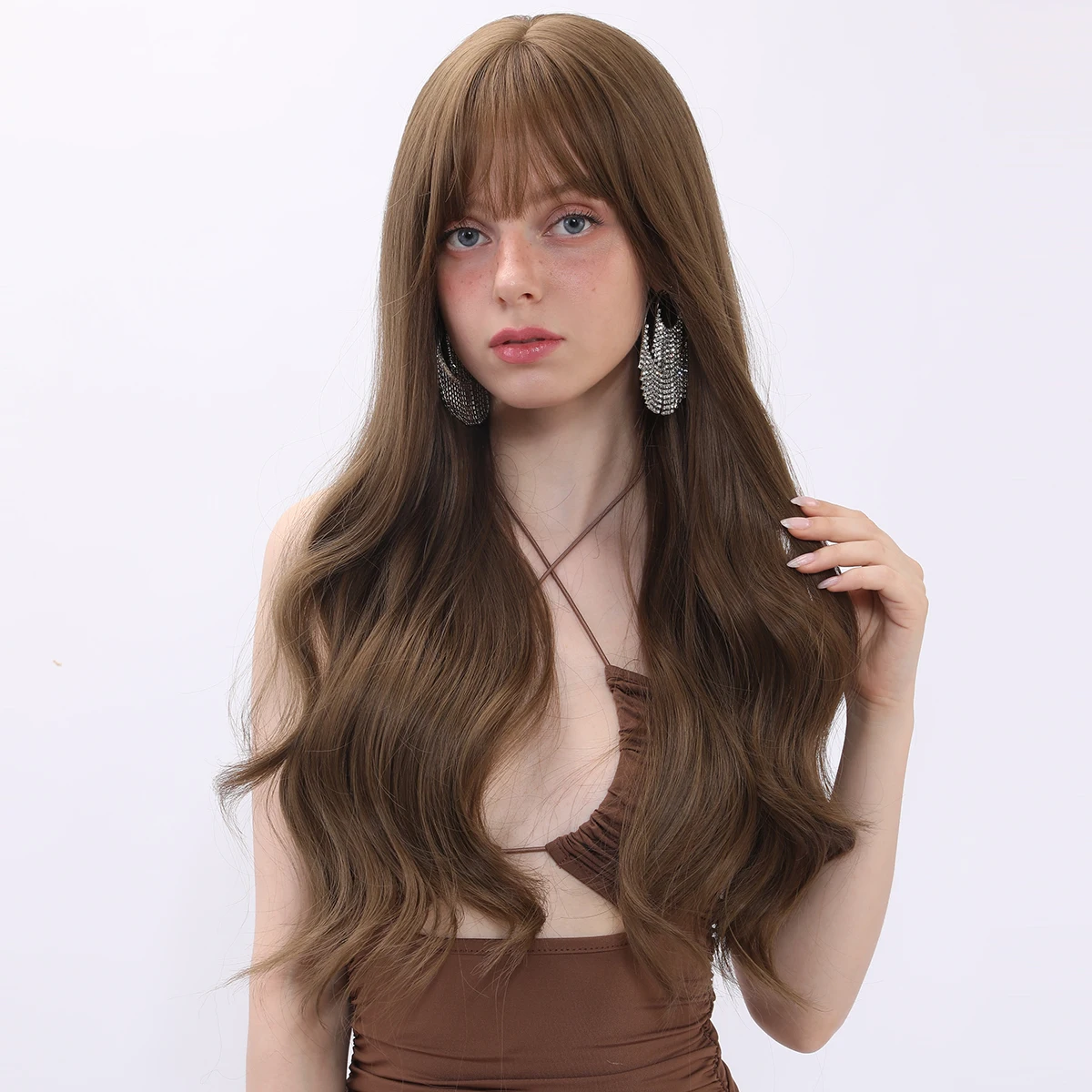 

Smilco Fashion Synthetic Long Wavy Wig Ombre Brown For Women Daily Cosplay Halloween Wigs With Bangs Heat Resistant Fiber Hair