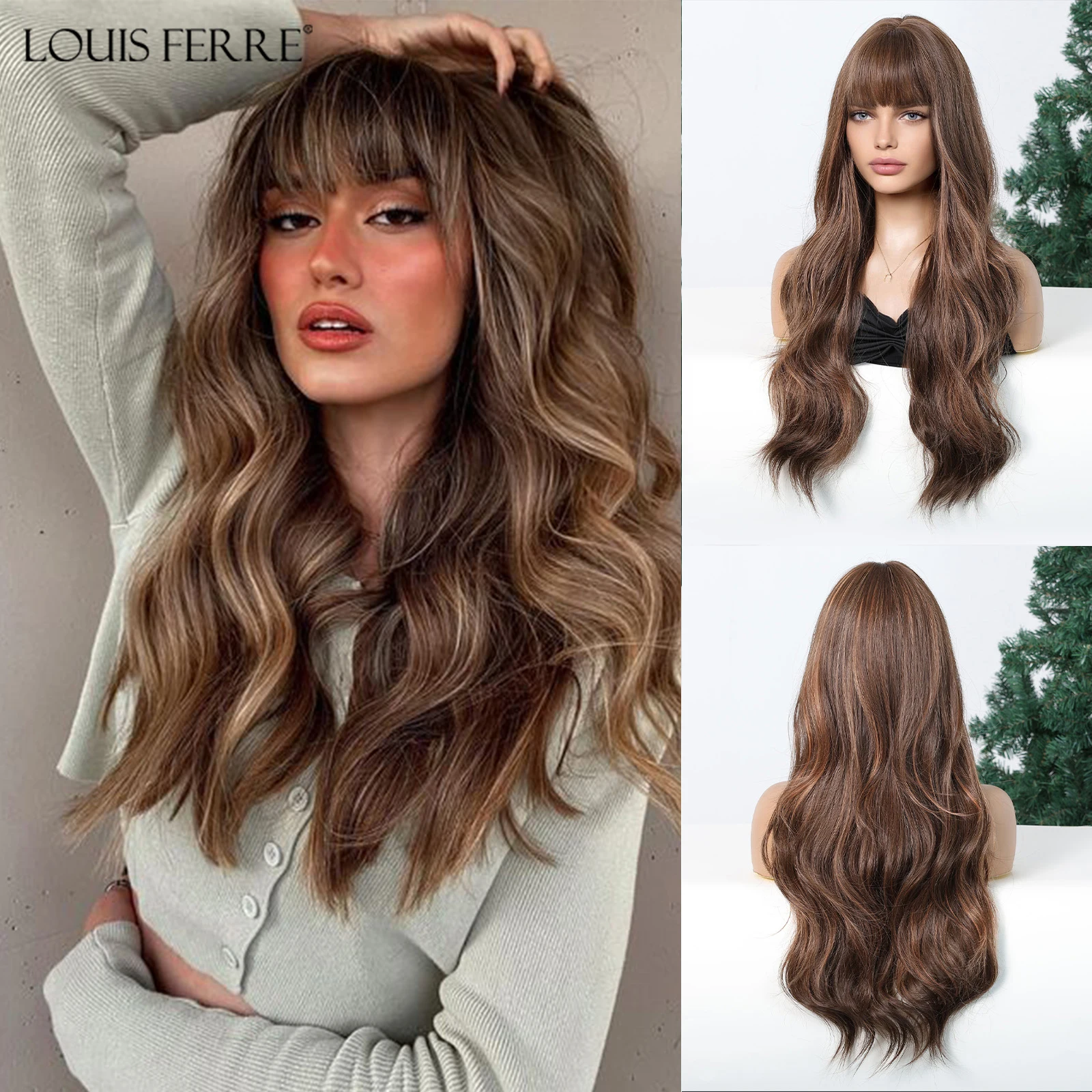 

LOUIS FERRE Brown Highlights Wavy Wig With Bangs Long Curly Natural Hair for Women Girls Daily Use Heat Resistant Fiber Wigs
