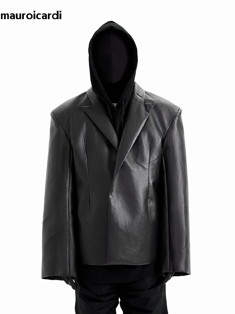 Mauroicardi Spring Autumn Cool Loose Black Soft Pu Leather Blazer Jacket Men Shoulder Pads Luxury Designer Unisex Clothes 2023
Mauroicardi Spring Autumn Cool Loose Black Soft Pu Leather Blazer Jacket Men Shoulder Pads Luxury Designer Unisex Clothes 2023