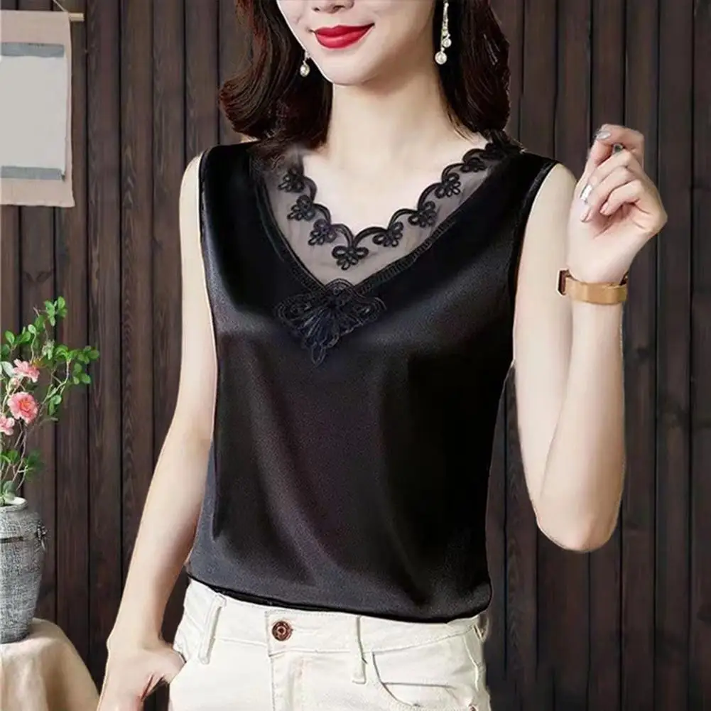 

Women Solid Lace Tank Top Soft Elastic Sleeveless Summer Blouse Sexy V Neck Camis Solid Color Bottoming Camisoles Lady Pullover