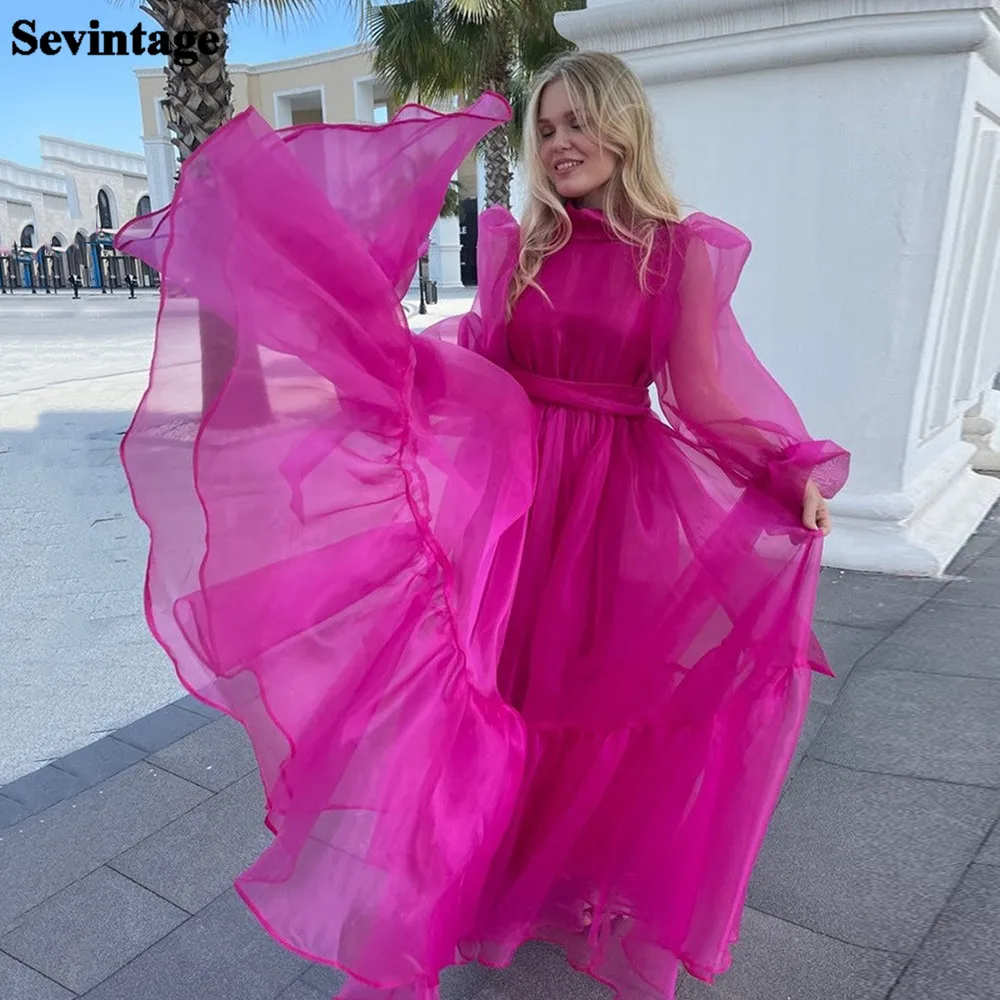 

Sevintage A Line Fuchsia Organza Midi Prom Dresses Long Puff Sleeves High Neck Pleats Women Evening Gowns Party Dress with Sash