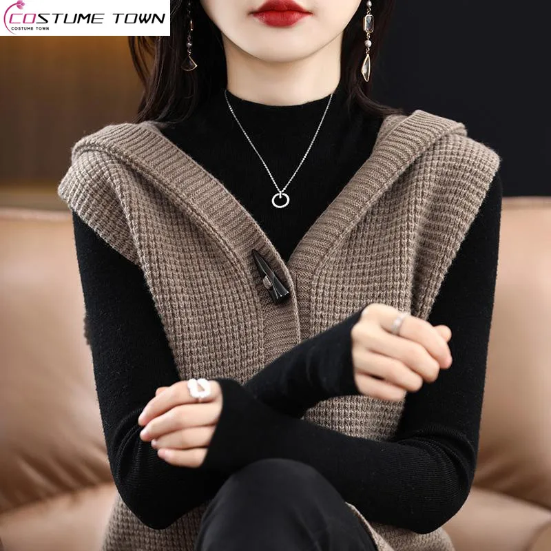 Temperament Mid Length Cowhorn Button Hooded Knitted Tank Top Women's Autumn and Winter New Sleeveless Sweater Cardigan Coat
Temperament Mid Length Cowhorn Button Hooded Knitted Tank Top Women's Autumn and Winter New Sleeveless Sweater Cardigan Coat