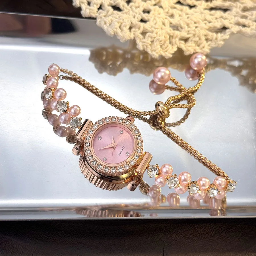Double-Row Pearl Diamond-Encrusted Pull Rope Bracelet Women's Quartz Watch Romantic SweetStyle Fashion Luxury Niche Wristwatch Double-Row Pearl Diamond-Encrusted Pull Rope Bracelet Women's Quartz Watch Romantic SweetStyle Fashion Luxury Niche Wristwatch