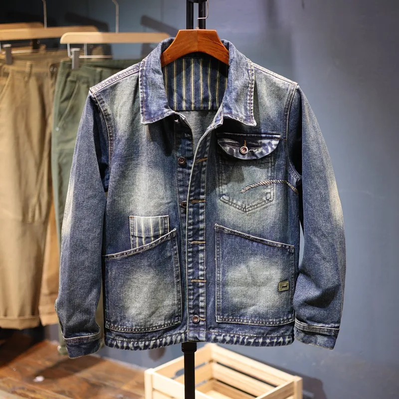 

Stripe Splicing Retro Blue Washed Denim Jacket Men's Autumn Loose Casual Cotton Coats Male Handsome Lapel Motorcycle Jean Jacket