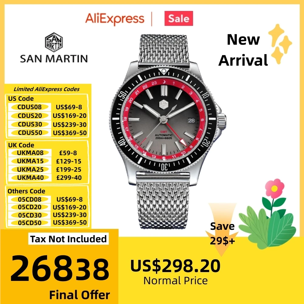 

San Martin Original GMT 3H Date 41mm Automatic NH34 Wristwatch Mesh Bracelet Sapphire 200m Waterproof Relogios Masculino SN0119