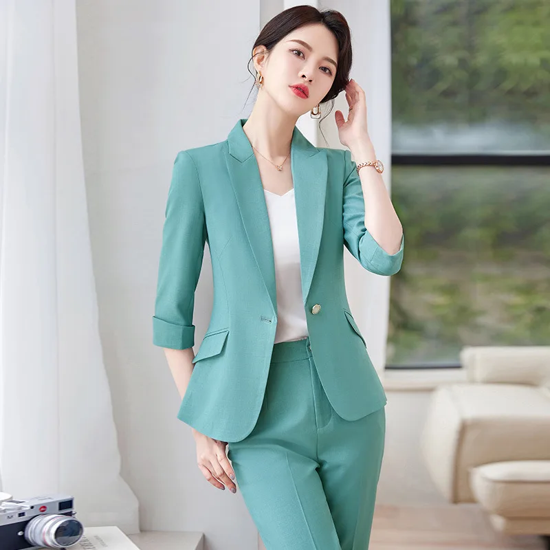 

Half Sleeve Formal Elegant Pantsuits with Pants and Jackets Coat Spring Summer Blazers Female Career Interview Trousers Set
