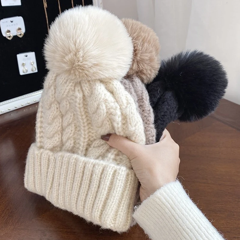 

Thicken Fur Pom Knitted Beanies Hat Female Plush Winter Fleece-lined Warm Hats for Women Girl's Outdoor Woolen Thermal Gorro Cap