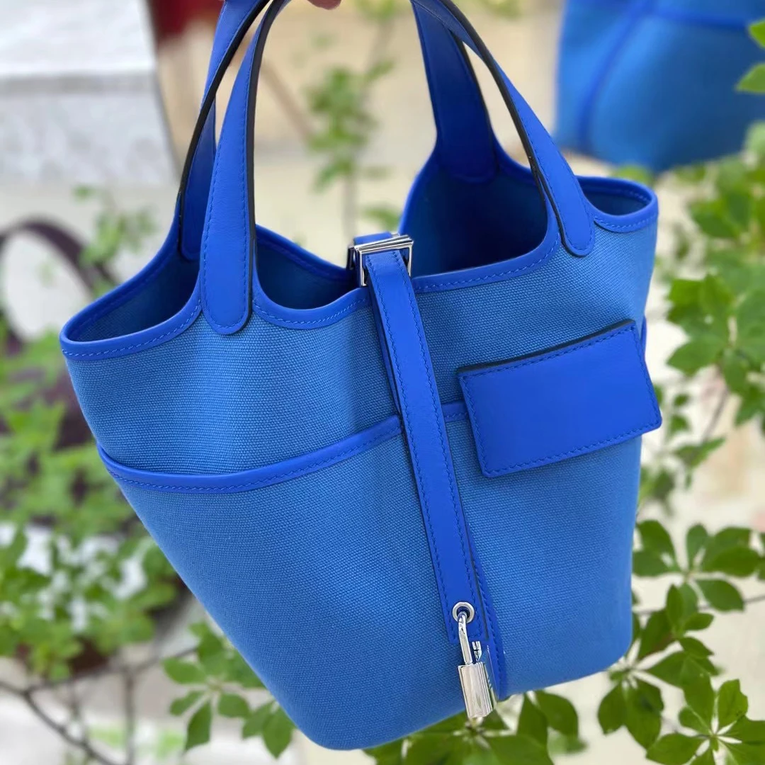 

Canvas Vegetable Basket Women's Bag Water Bucket Bag 18cm Combination Genuine Leather Head Layer Cowhide Fashion New Versatile