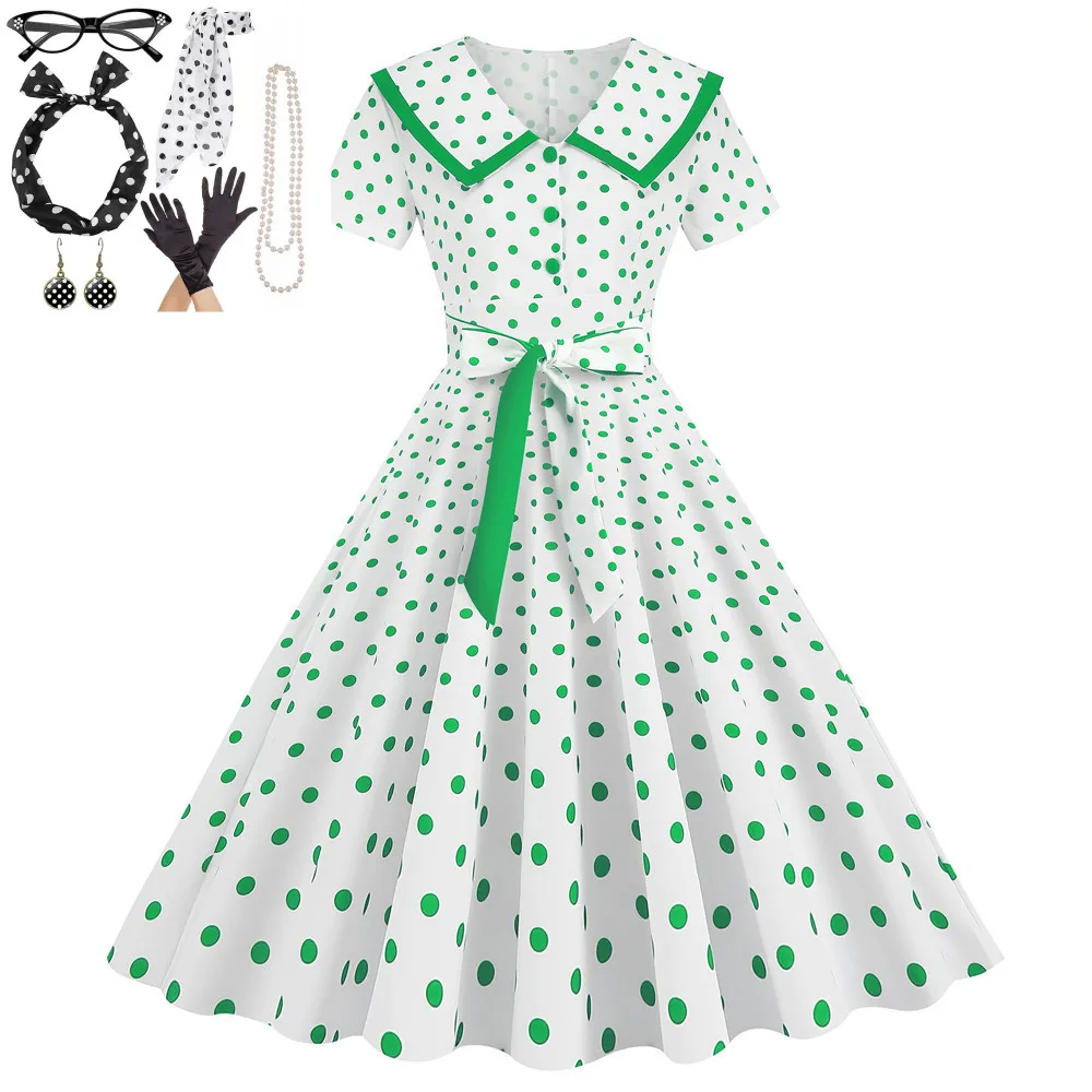 

7pc/set Women Rockabilly Dress Polka Dots Big Hem Cocktail Dress with Jewelry set 1960s 50s Hepburn Retro Vintage Party Dresses