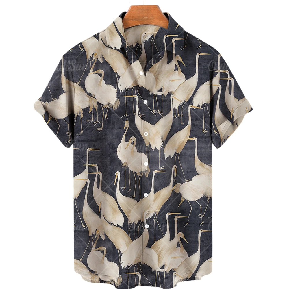 

Men's Crane Clothing Grus Japonensis Printing Hawaiian Folk-custom Oversized Shirts Vintage Casual Camisa Floral Masculina Y2k