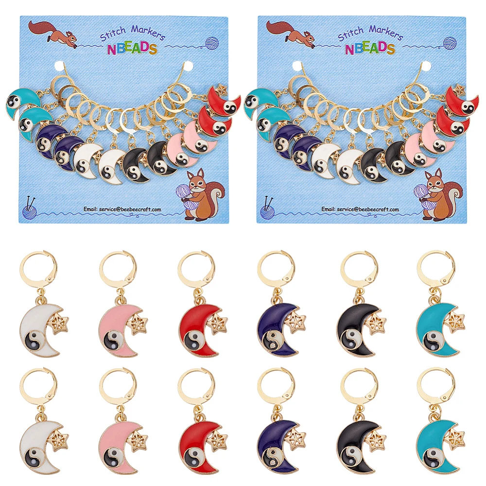 

24Pcs Alloy Enamel Moon with Star & Yin Yang Charm Locking Stitch Markers Golden Tone 304 Stainless Steel Lobster Claw Clasp