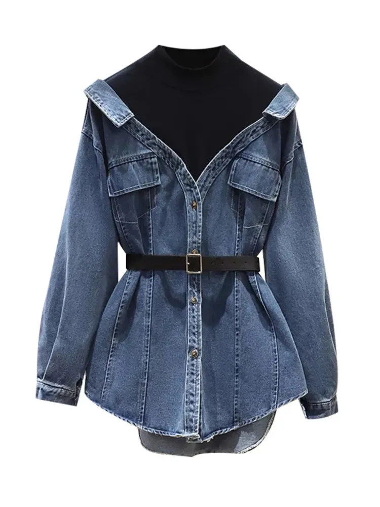 Women's Denim Coat Lapel Patchwork Pocket Single Breasted Belt Fake Two Piece Shirt Jackets 2023 Autumn New Fashion Korean
Women's Denim Coat Lapel Patchwork Pocket Single Breasted Belt Fake Two Piece Shirt Jackets 2023 Autumn New Fashion Korean