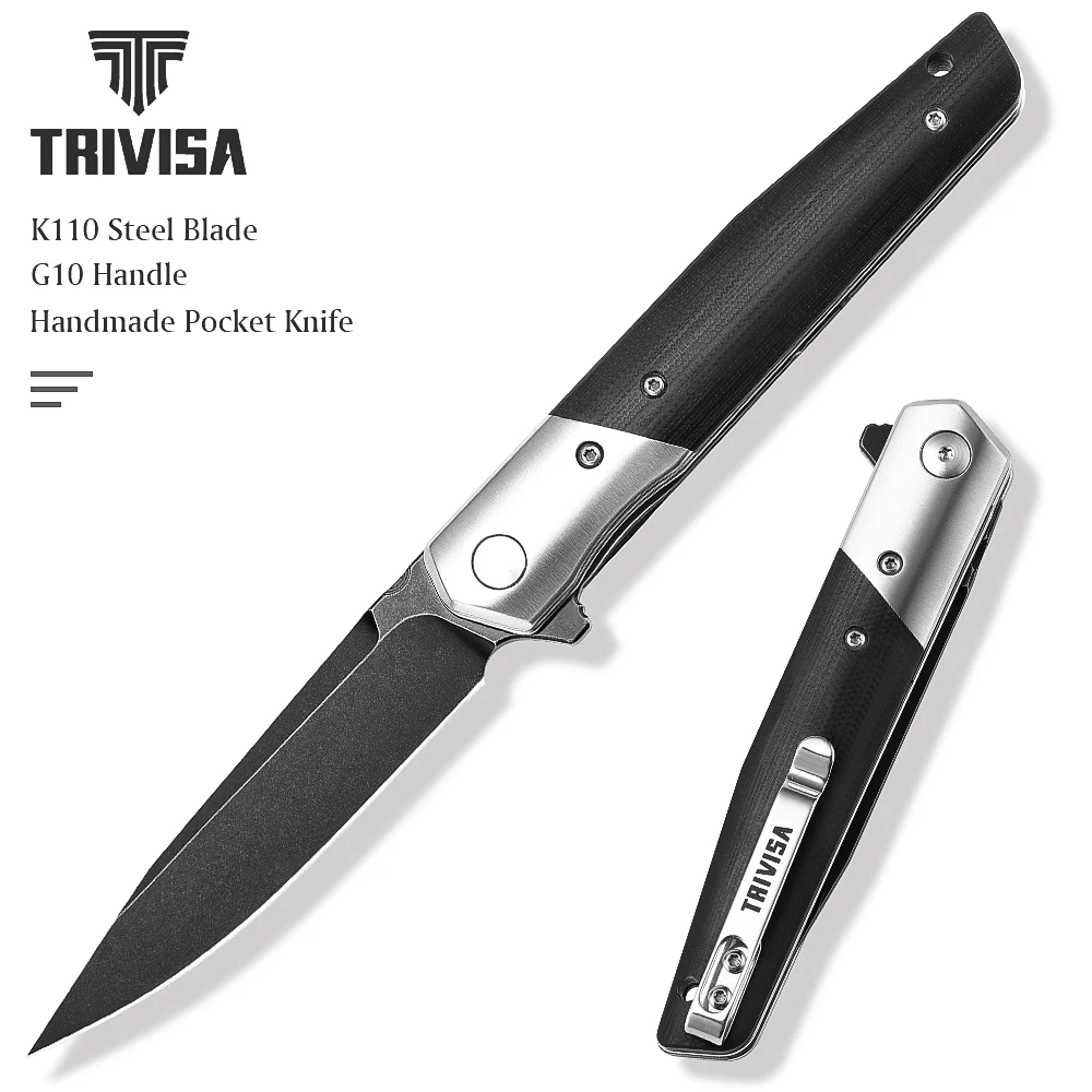 

TRIVISA Flipper Folding Pocket Tactical Knife for Man,EDC Outdoor Camping Survival Knife,3.5"BOHLER K110 Steel Blade &G10 Handle