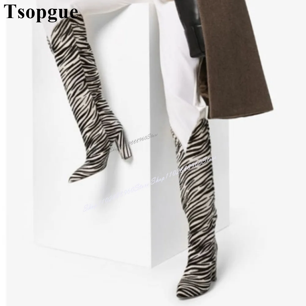 

V-top Knee High Big Size Zebra Print Boots Chunky High Heel Women Shoes Slip-On Pointed Toe 2024 Fashionable Zapatos Para Mujere