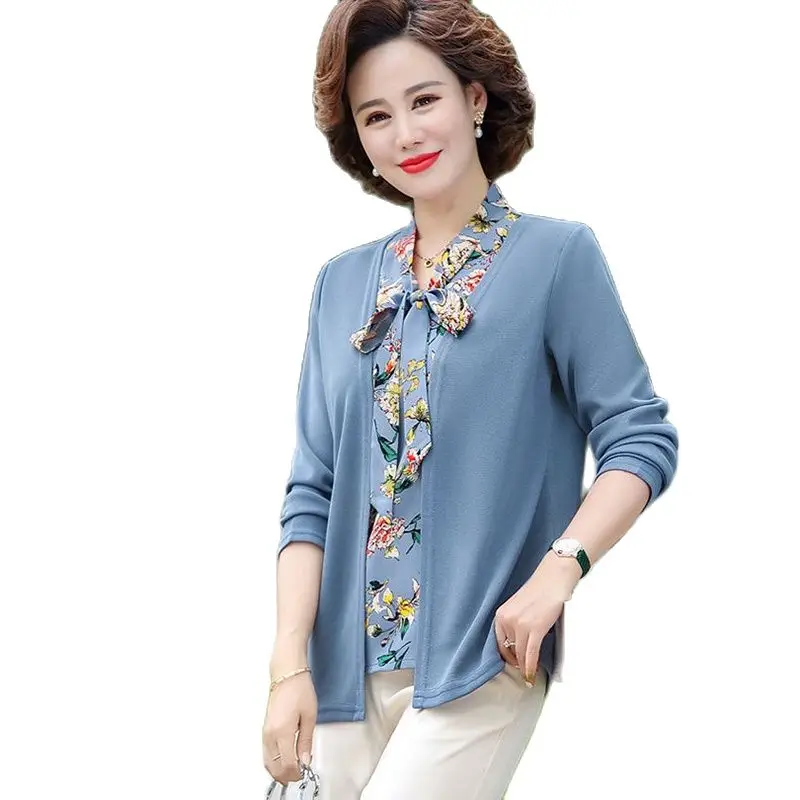 

2022 New Spring Autumn T-Shirt Tops Middle-Aged Elderly Mother Women Korean Style Casual T-Shirt Fake 2 Pieces Tshirt Blouse 5XL