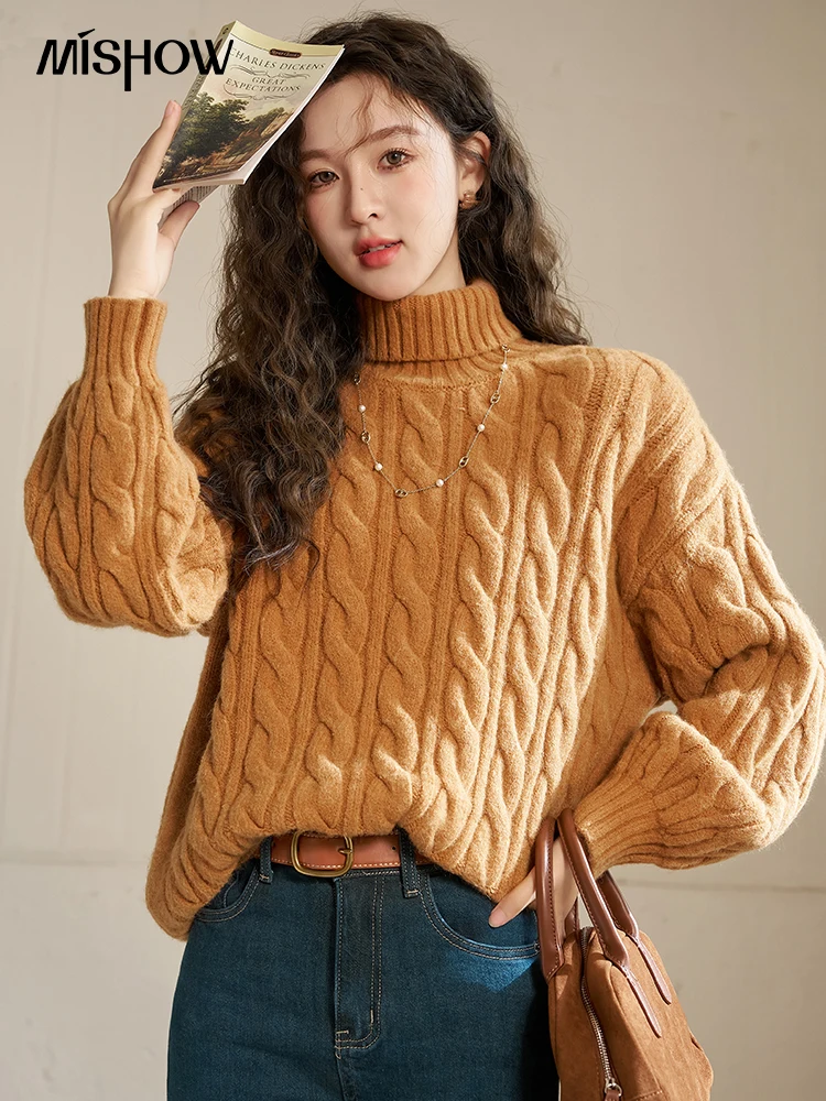 

MISHOW Pullover Knitted Sweater Women Turtleneck Twist Autumn Winter Korean Sweaters Woman Casual Loose Jumpers Tops MXC58Z0476