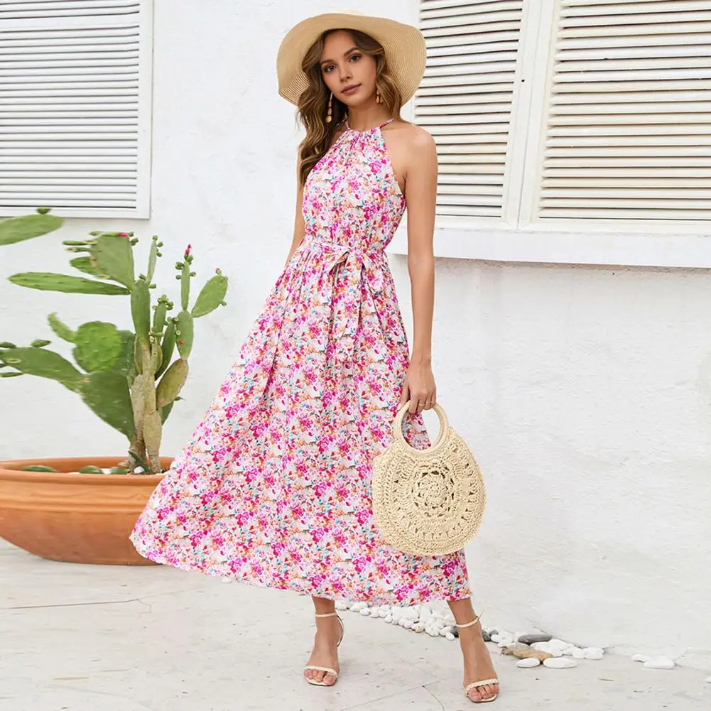 

Women Summer Dress Halter Neck Backless Flower Print Dress Off Shoulder Pleated Belted Waist Bohemian Beach Style Maxi Dress