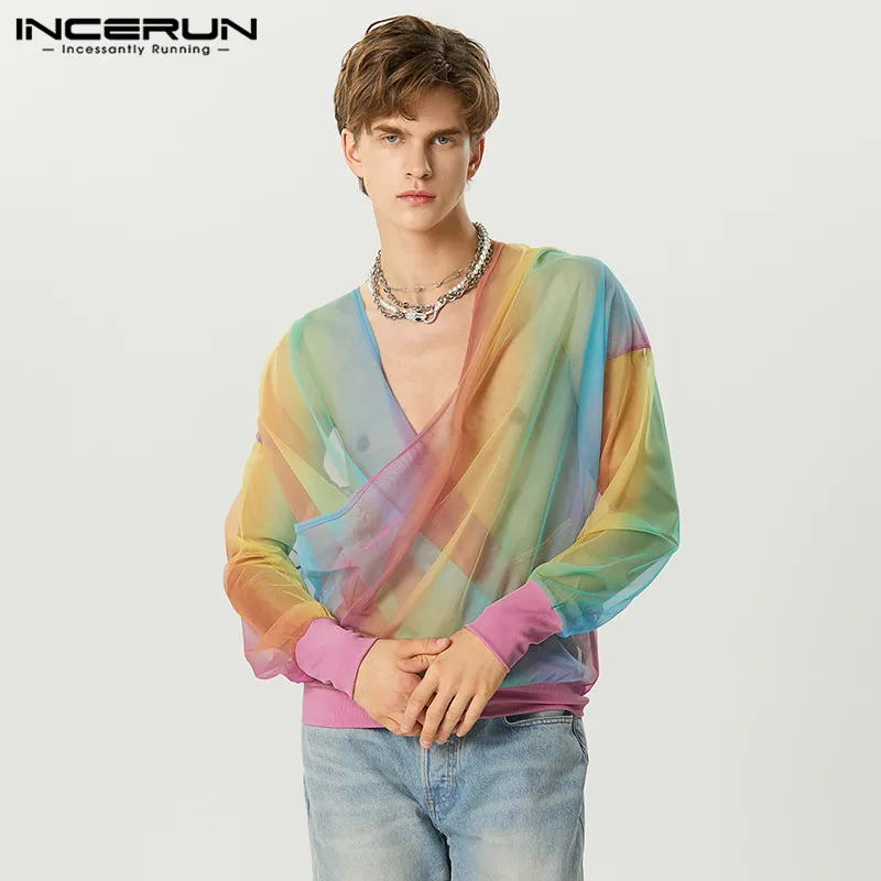 

INCERUN Tops 2023 Sexy New Mens Gradient Mesh Perspective Design T-shirts Casual Swing Collar Hooded Long Sleeved Camiseta S-5XL