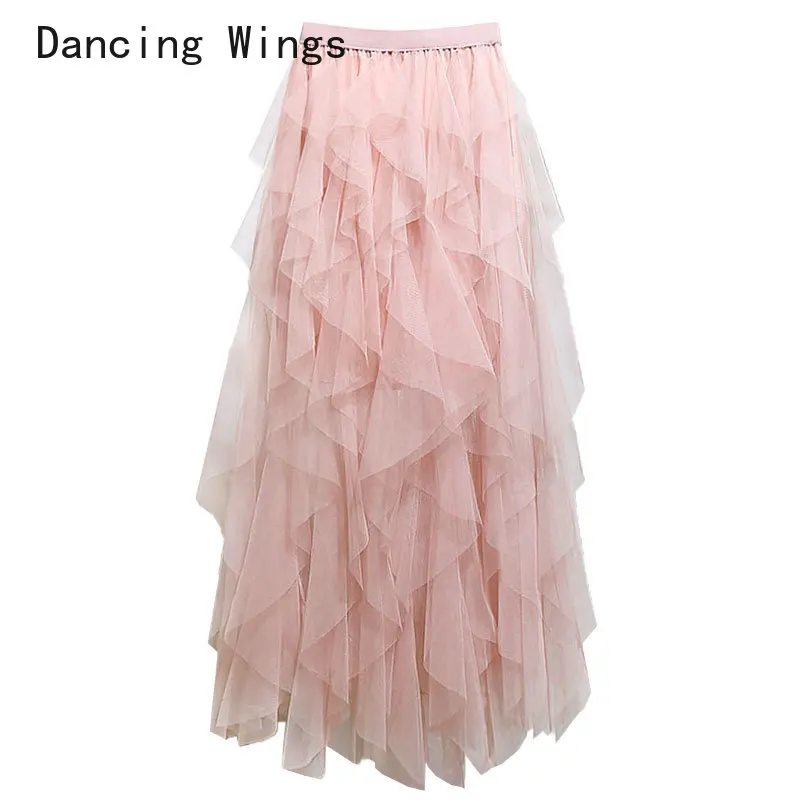 

Женская длинная фатиновая юбка-пачка, Весенняя модная эластичная сетчатая юбка с высокой талией и асимметричным подолом