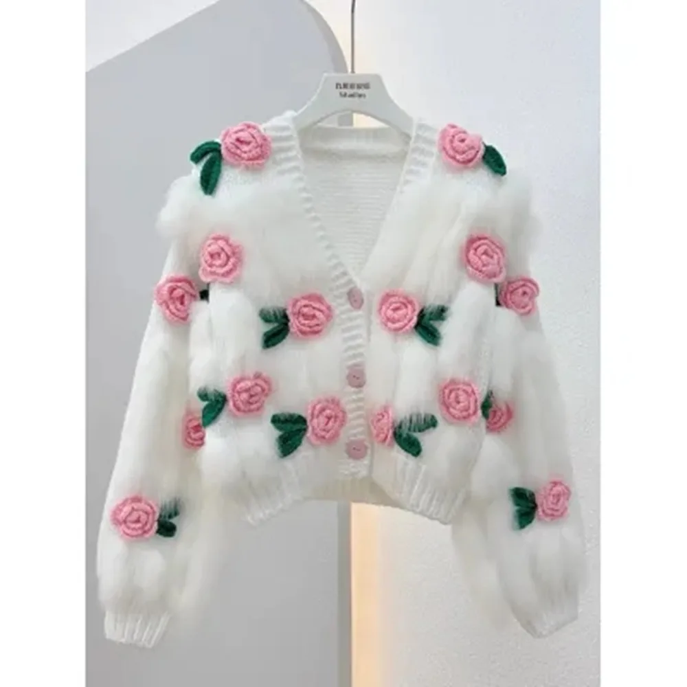 

2024 New Arrival Fashion Cardigan Autumn New Warm Soft Waxy Advanced Sweater Embroidered Three-dimensional Rose Knitwear Top