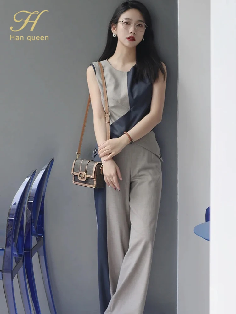 

BabYoung New Summer Sets Sleeveless 2-Piece Women Casual Elegant Fashion Color Matching OL Wear Work Pants Suits 2024
