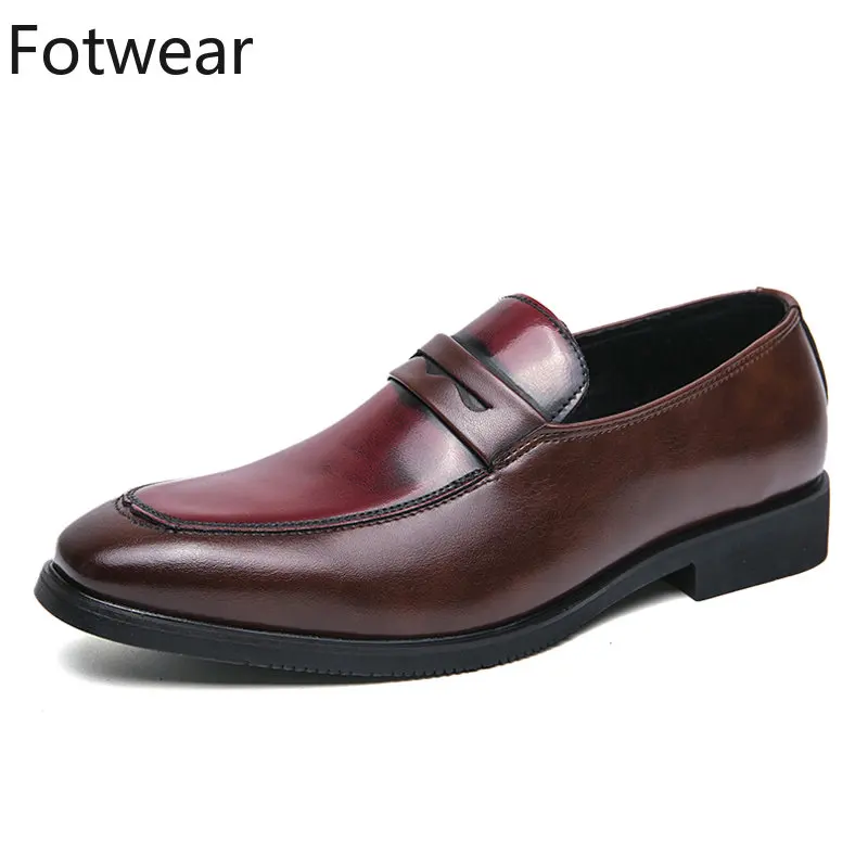 

Big Size Men Dress Shoes Wedding Party Mens Penny Loafers Slip on Office Pointed Toe Formal Shoes Leather Oxfords Burgundy Color