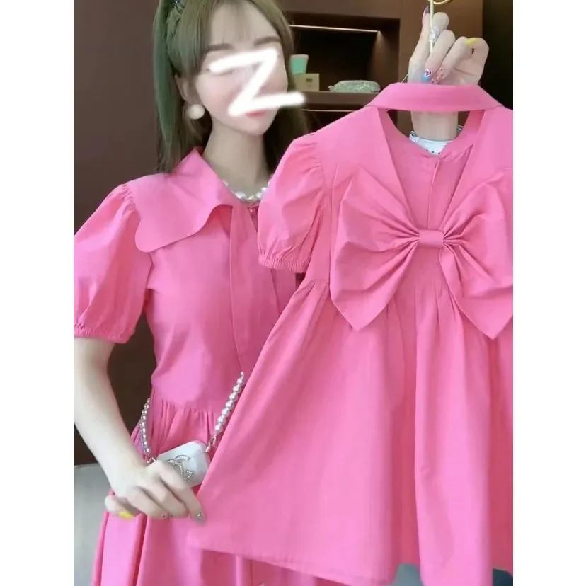 

2023 Summer New Mother and Daughters Elegant Dresses Mom Girls Equal Pink Dress Women Clothes Mommy Me Matching Clothing