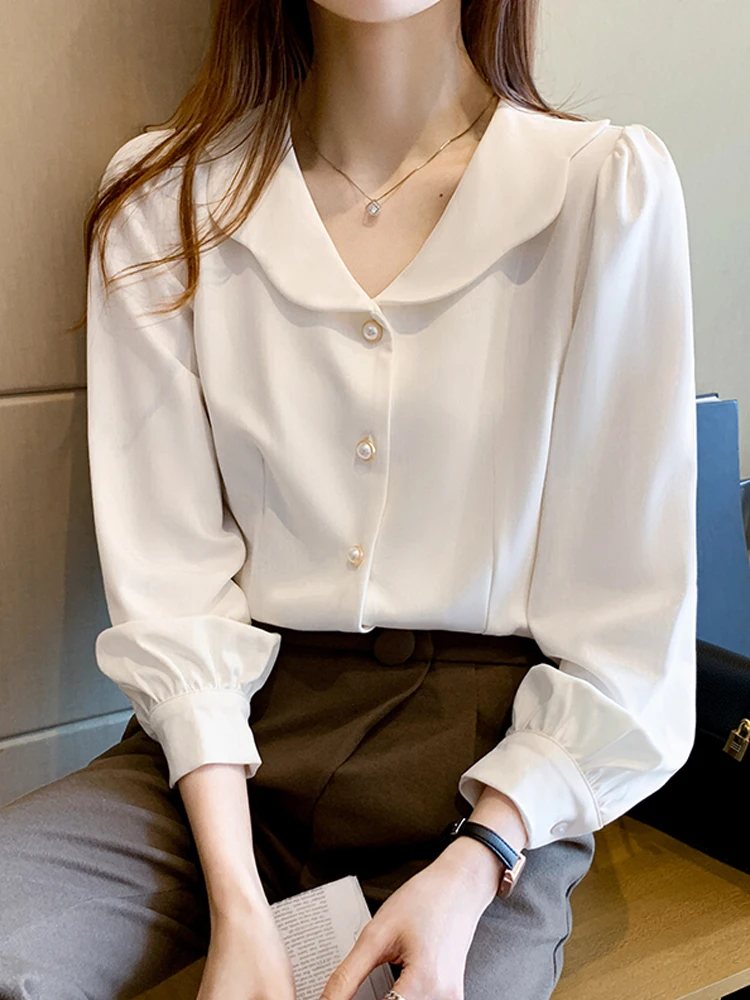 

Повседневная однобортная женская блузка свободного кроя с воротником «Питер» и длинным рукавом, рубашка, модная женская одежда в Корейском стиле, топы W121
