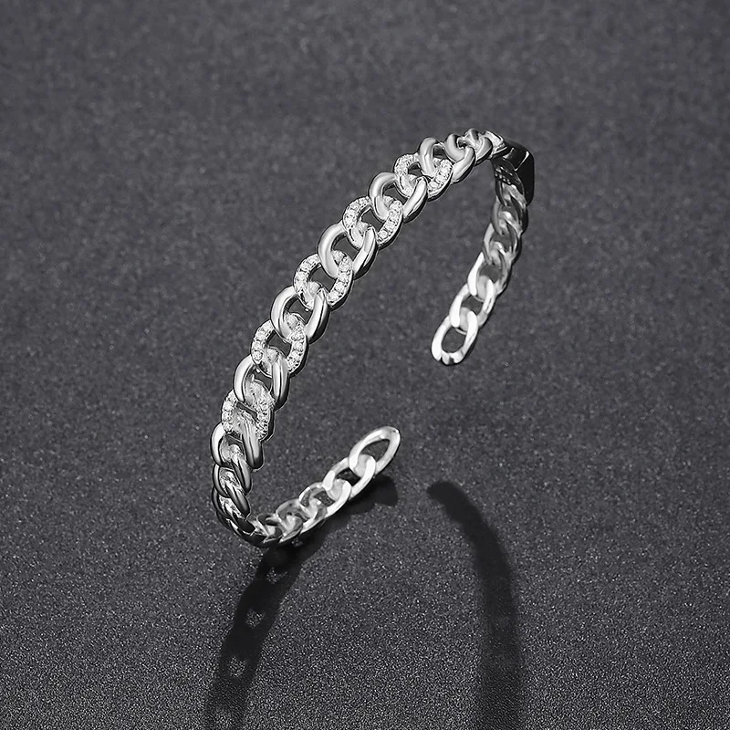 

Iced Moissanite Cuban Chain Cuff Bracelet Women Hiphop 925 Sterling Silver Bling Lab Diamond Bangle Opened Pass Tester Gift