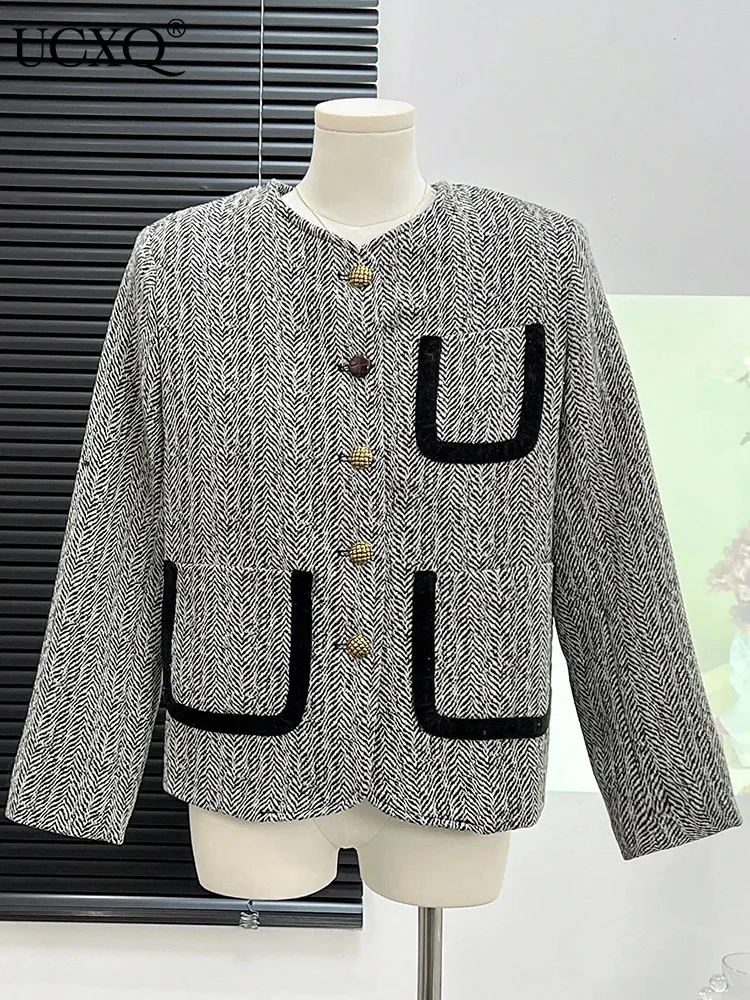 

UCXQ Contrast Pocket Spliced Tweed Coat For Women Long Sleeve Breasted Fashion Korean Blend Jacket 2023 Autumn Winter New 3A5756