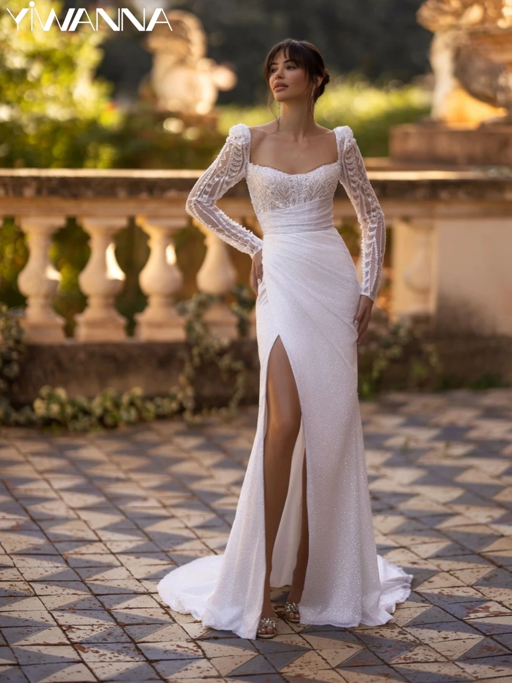 

Romantic Puff Sleeve Wedding Dress Sparkly Sequins Beads Bride Robe Elegant Mermaid Long Bridal Gown Robe De Mariée