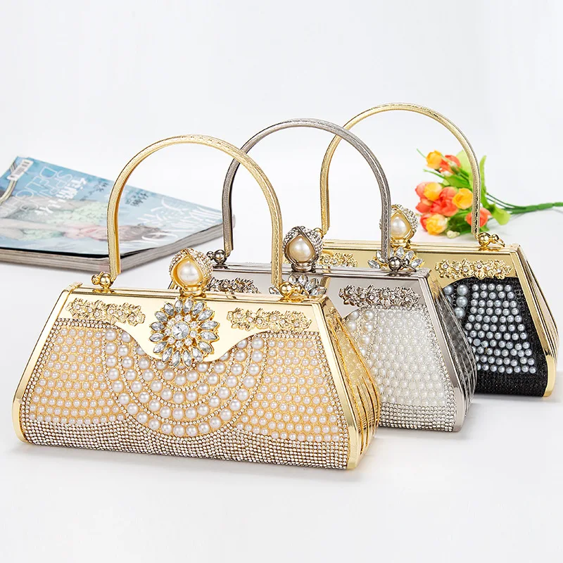 

Fashion Women Evening Cluthes Vintage Ladies Phone Pack Pearl Dinner Handbag Girl Gift Diamond-studded Banquet Dress Pouch
