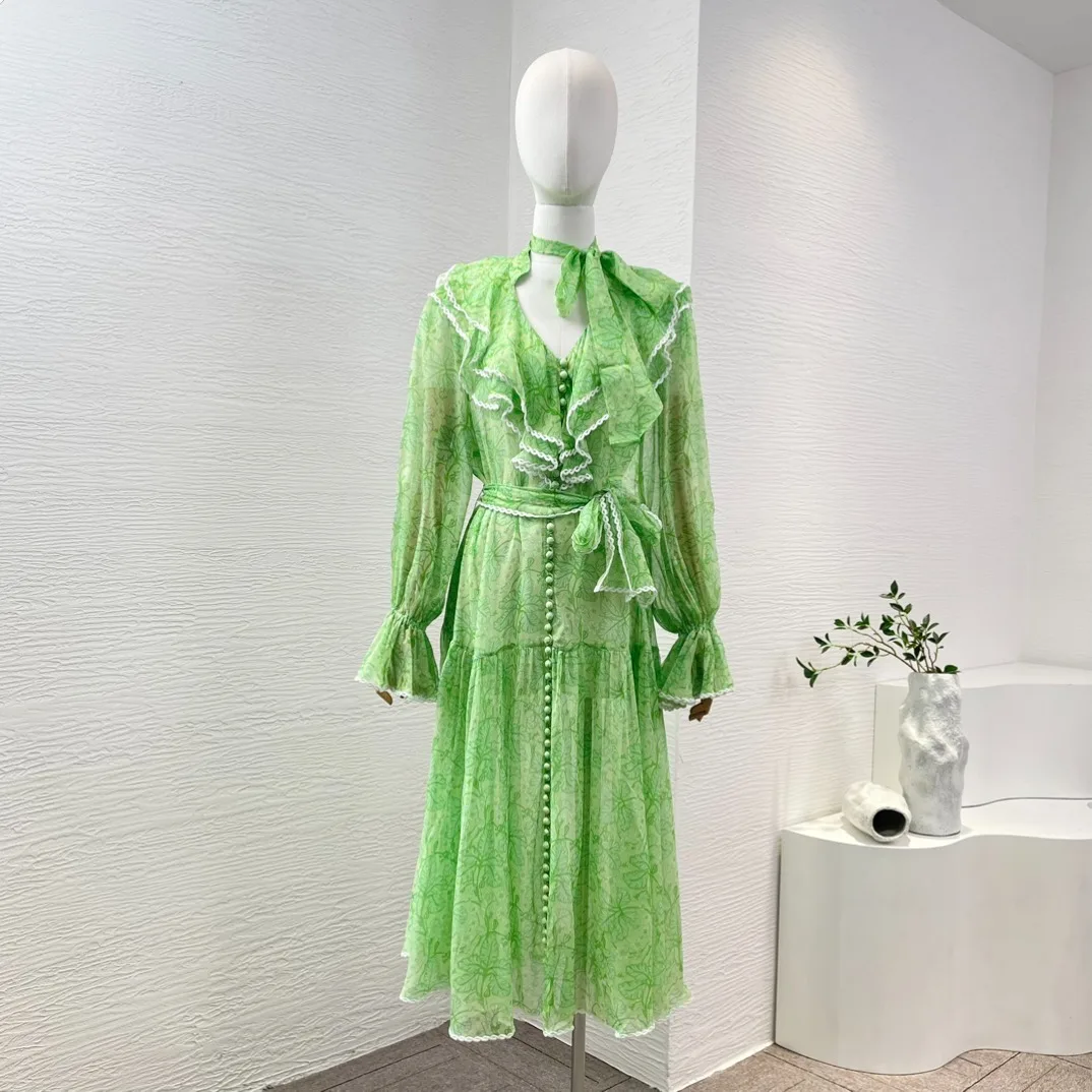 

High Quality Silk Light Green Front Buttons Closure Flouncing Ruffle Long Sleeve Floral Print Belt Midi Dress