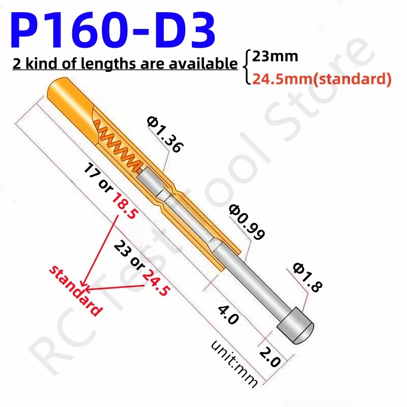 

100PCS P160-D3 Nickel-Plated Spring Test Probe P160-D Round Head Dia 1.80mm Spring Test Pin PogoPin Dia1.36mm Length23 or 24.5mm