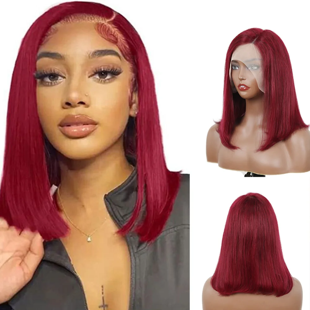 

Striaght 99J Burgundy Side Part Lace Short Bob Human Hair Wigs For Women Pre Plucked Natural Hairline Glueless Wigs 180% Density