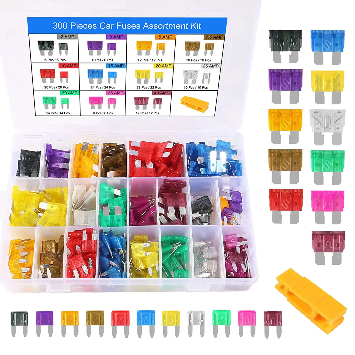 

300Pcs Car Fuses Automotive Kit Blade Fuse Assortment Standard and Mini Size 2A/3A/5A/7.5A/10A/15A/ 20A/25A/30A/35A/40A Car Fuse