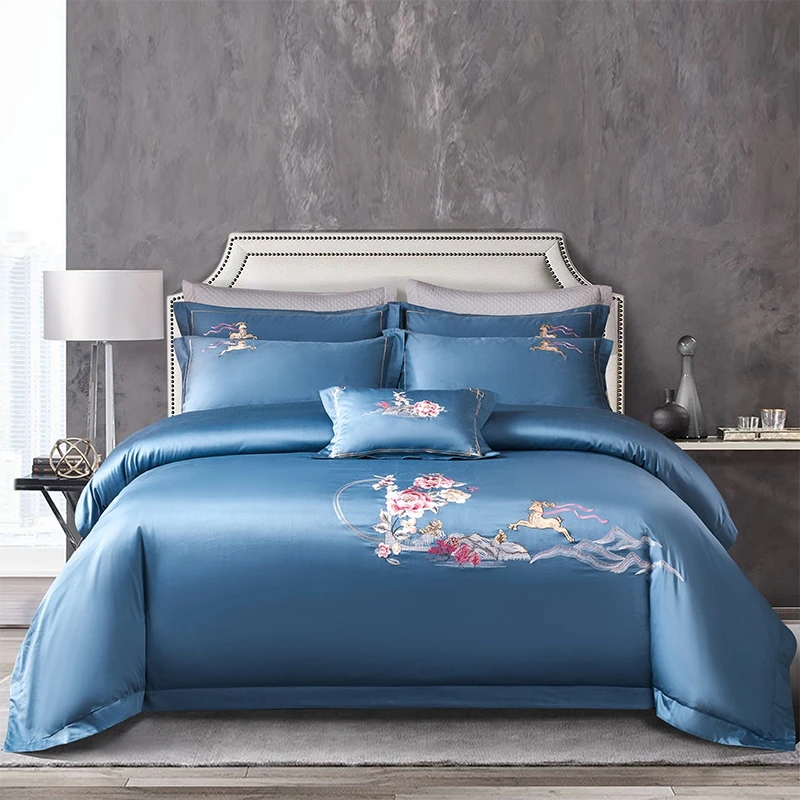 Luxury Blue Embroidered Egyptian Cotton Bedding Set Duvet Cover Bed Linen Fitted Sheet Pillowcases Home Textiles
Luxury Blue Embroidered Egyptian Cotton Bedding Set Duvet Cover Bed Linen Fitted Sheet Pillowcases Home Textiles