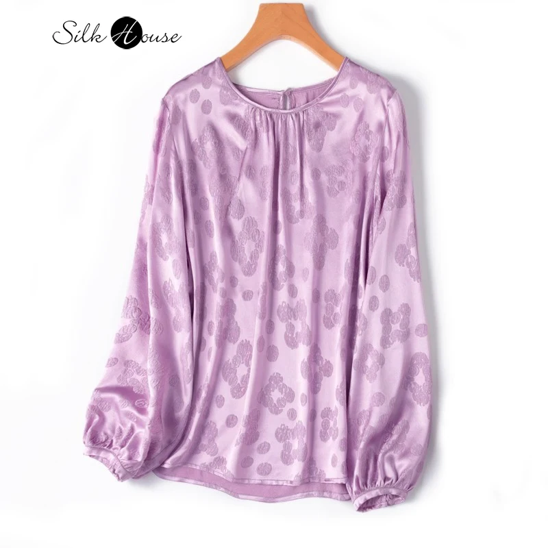 

2024 Women's Fashion Spring New Relief 22MM 93%Natural Mulberry Silk Elastic GuanLe Satin Lantern Sleeves Purple Women's T-shirt