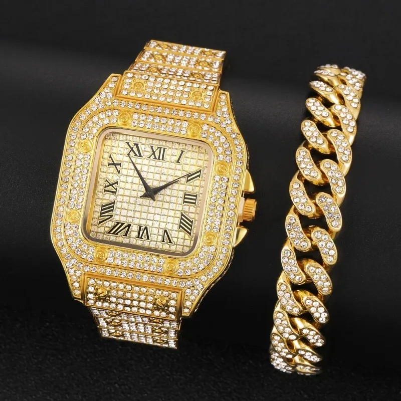 

2pcs Hip Hop Square Men Watches Top Business Brand Iced Out Quartz Roman AAA Watch Luxury Iced Out Watch Clocks