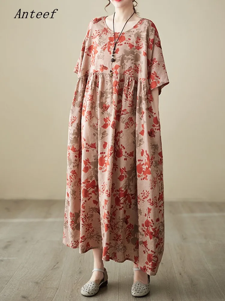 Женское винтажное платье с цветочным принтом Anteef, повседневное Свободное длинное летнее платье с коротким рукавом, 2023 
Женское винтажное платье с цветочным принтом Anteef, повседневное Свободное длинное летнее платье с коротким рукавом, 2023