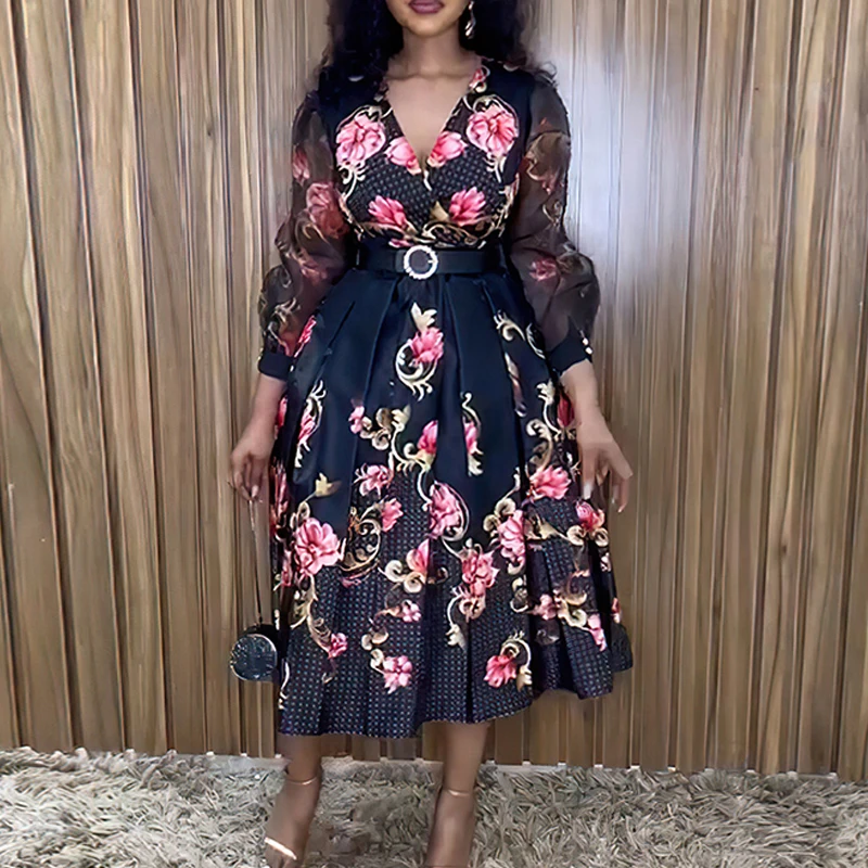 Fashion Floral Print Waist A-line Dress Women Elegant V-neck Pleated Commuting Dress Casual Mesh Long Sleeved Patchwork Dresses
Fashion Floral Print Waist A-line Dress Women Elegant V-neck Pleated Commuting Dress Casual Mesh Long Sleeved Patchwork Dresses