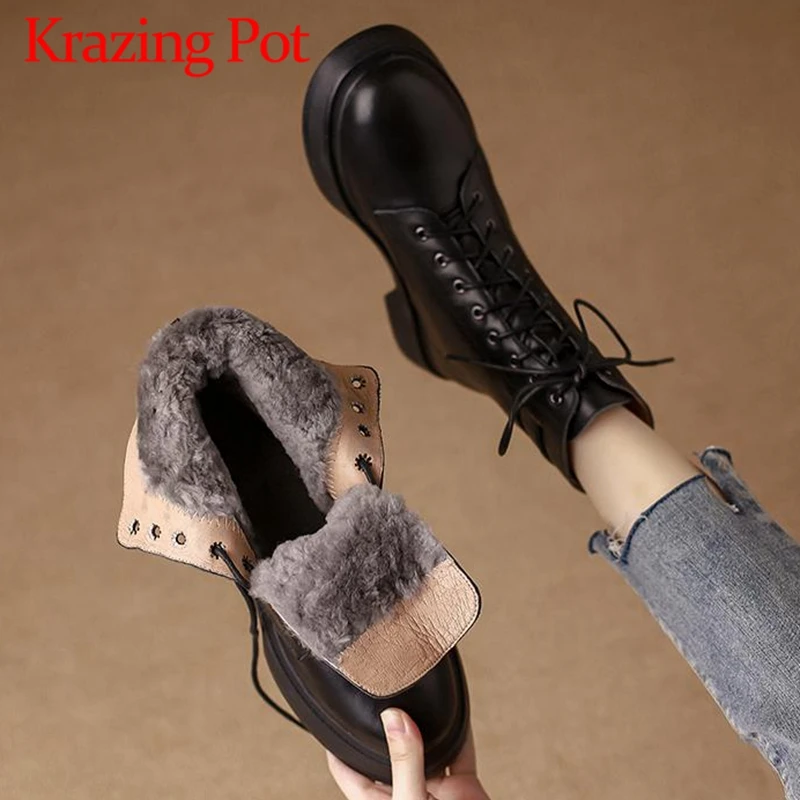 Krazing Pot Wool Cow Leather Round Toe Med Heels Cold Resistance Snow Boots Rivets Platform Fur Cross-tied Vintage Ankle Boots
Krazing Pot Wool Cow Leather Round Toe Med Heels Cold Resistance Snow Boots Rivets Platform Fur Cross-tied Vintage Ankle Boots